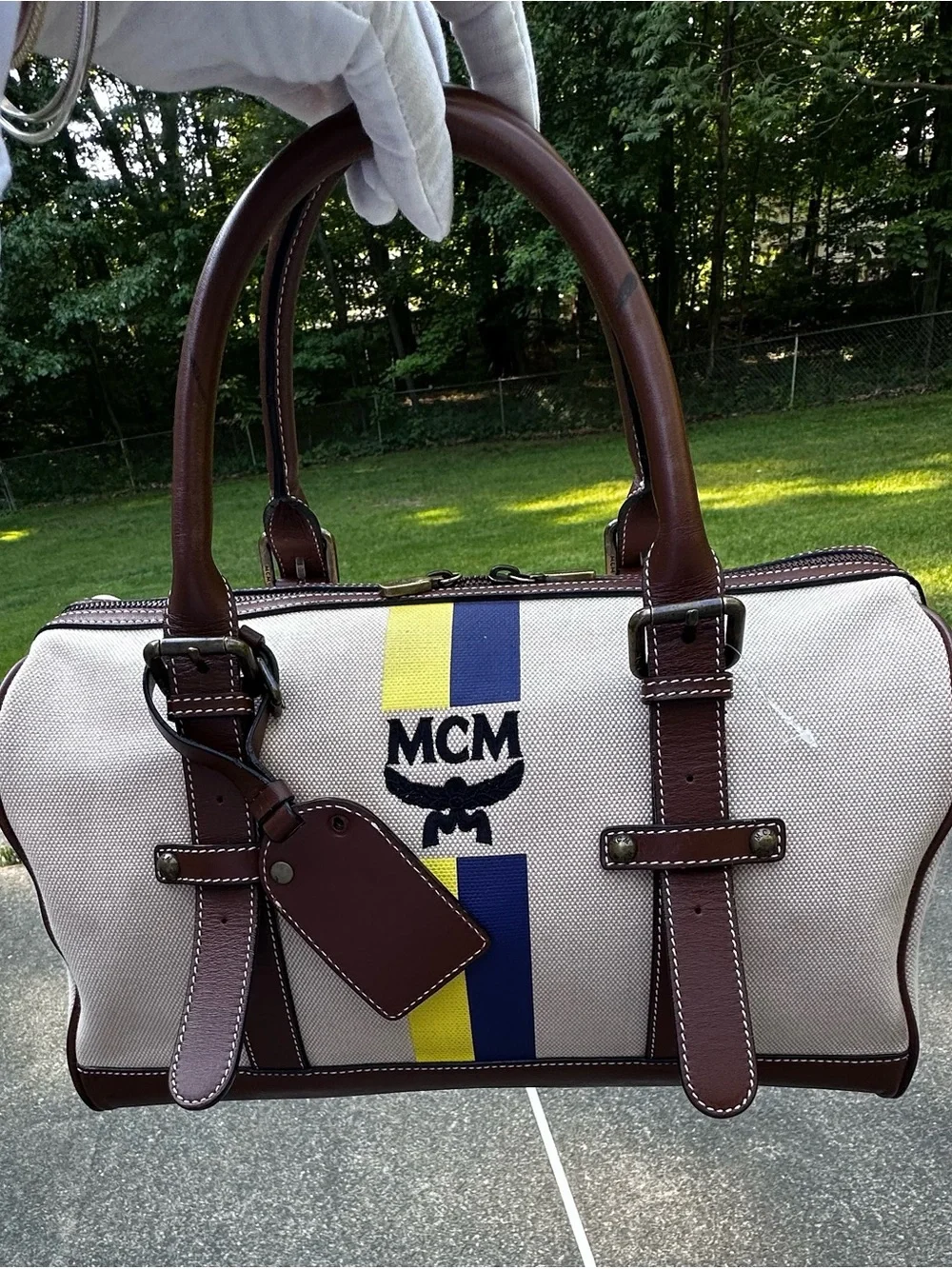 MCM Limited Beige Canvas Brown Leather Trim Boston Weekender Duffle Bag Unisex